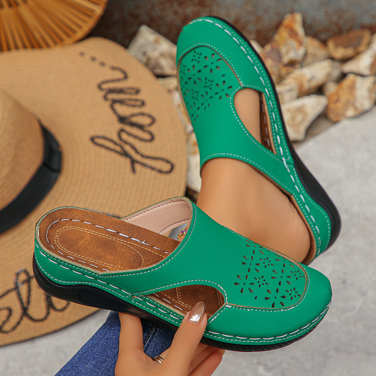 Womens Closed-toe Leather Platform Hollow-out Slides For Outdoor Wear