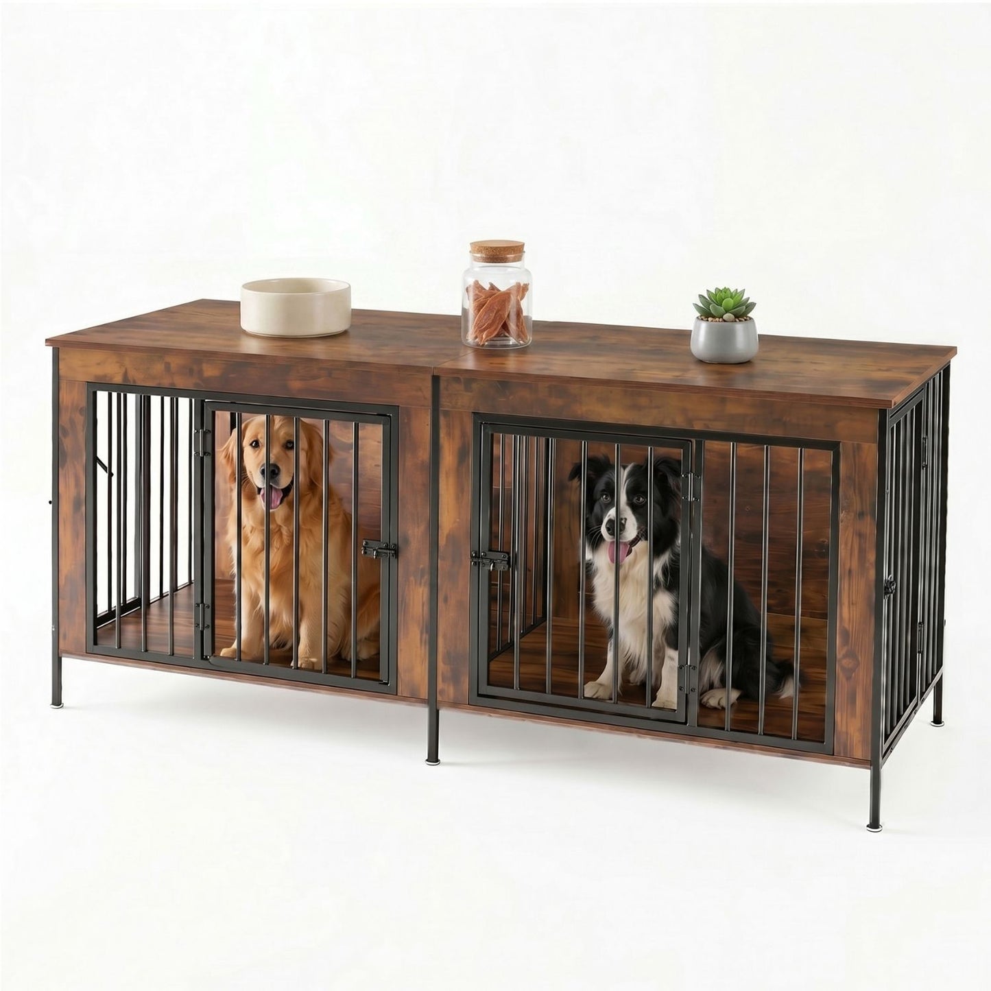Double Dog Crate Furniture With Divider, Heavy Duty Pet Kennel End Table TV Stand, Extra Large Double Door
