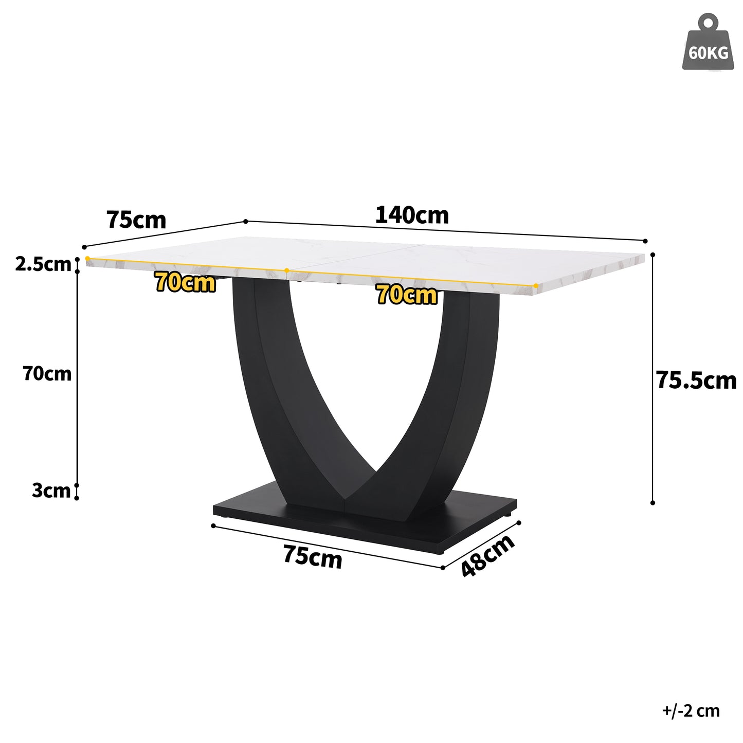 140 X 75.5cm Dining Table,  1-pcs , Modern Kitchen Table, Metal Frame Rectangular Dining Table Modern Marble Pattern Kitchen Table With Adjustable Feet For Dining Room Living Room, White Black