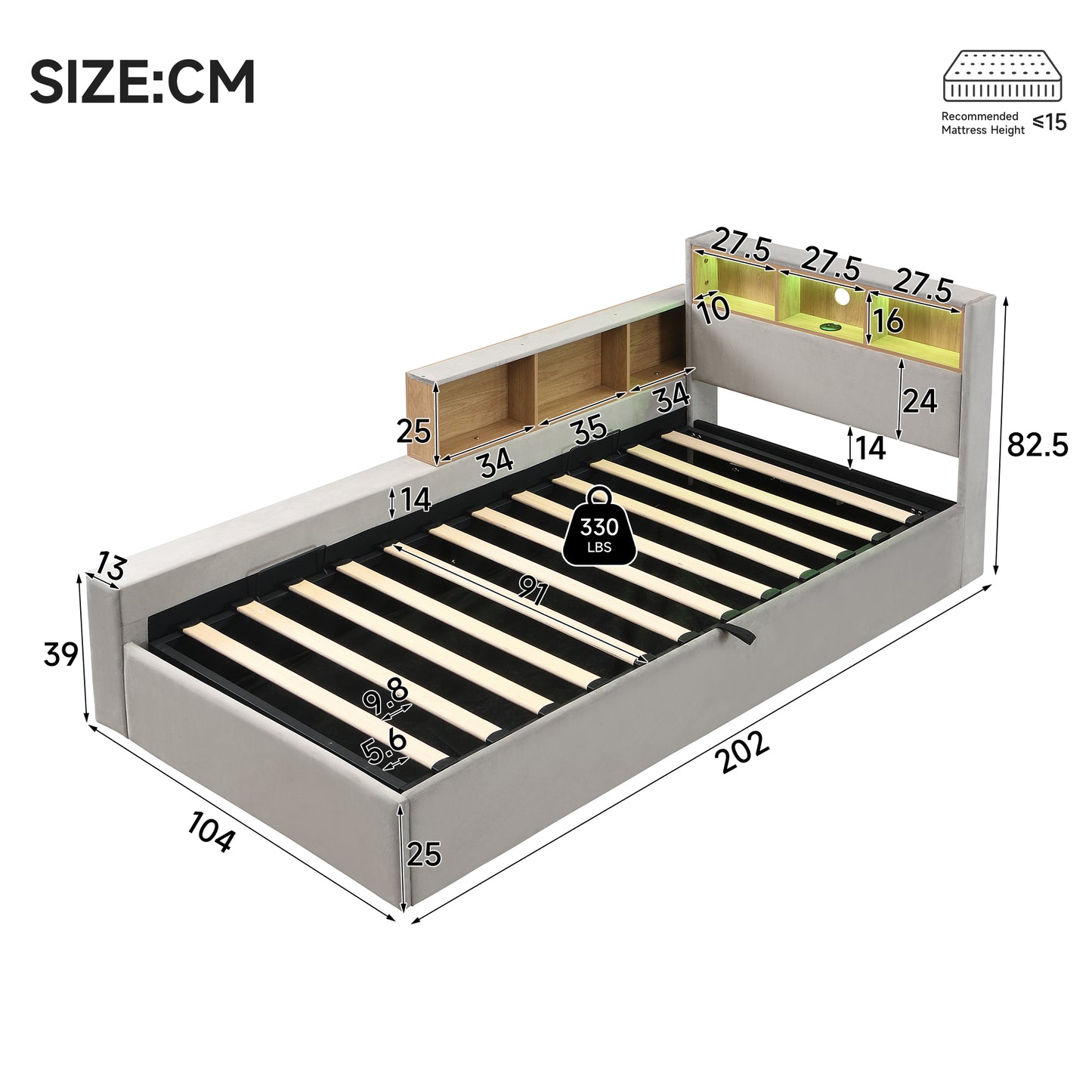 Upholstered Bed, 3FT Single Bed 90x190cm, Daybed Sofa Bed, Modern Velvet Youth Bed, For Adults & Teenagers, With Charging Port, LED Strip, With Storage Space, Easy Assembly, Velvet, Grey   No Mattress