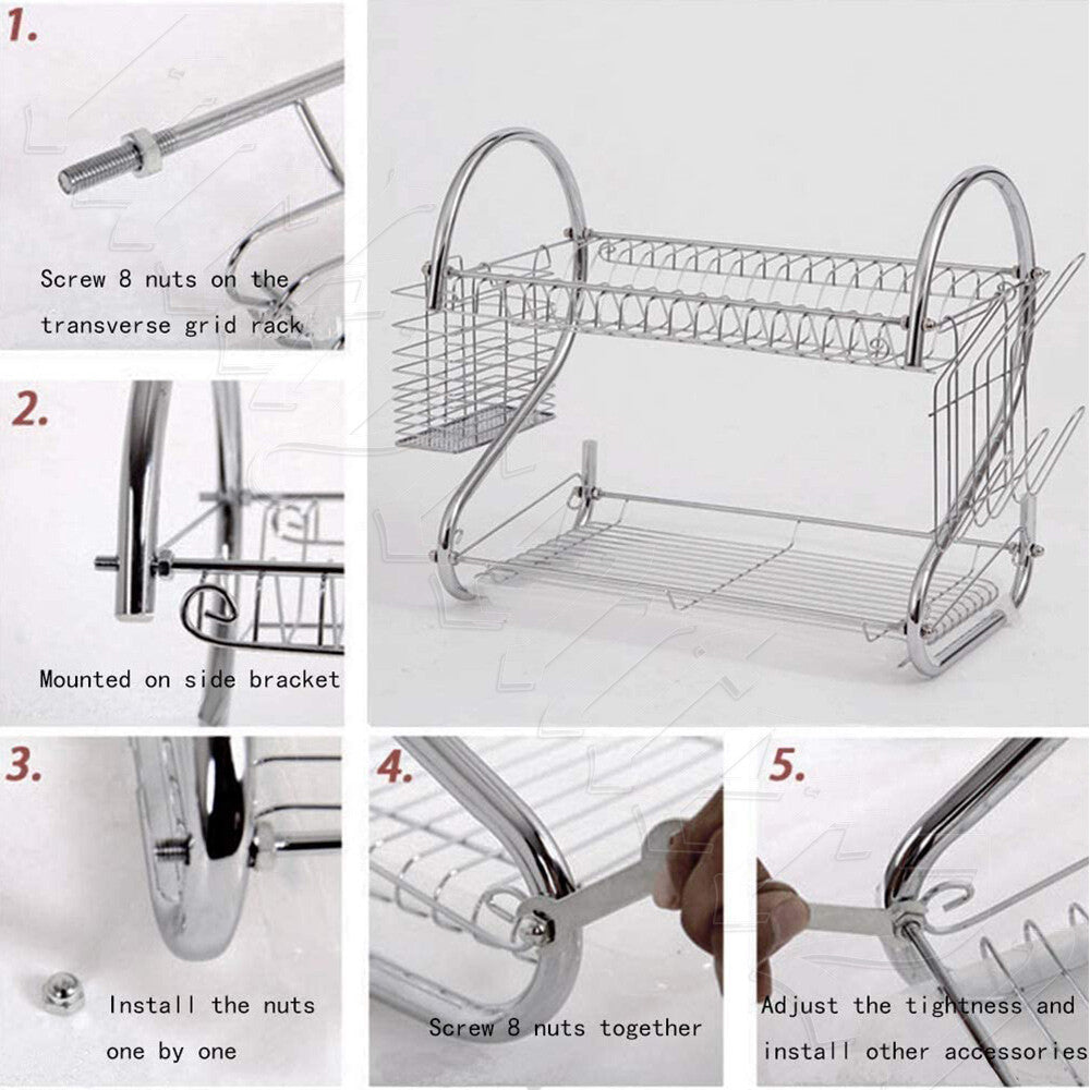 2 Tier Dish Drying Rack Drainer Cup Plate Holder Cutlery Tray Kitchen Organizer