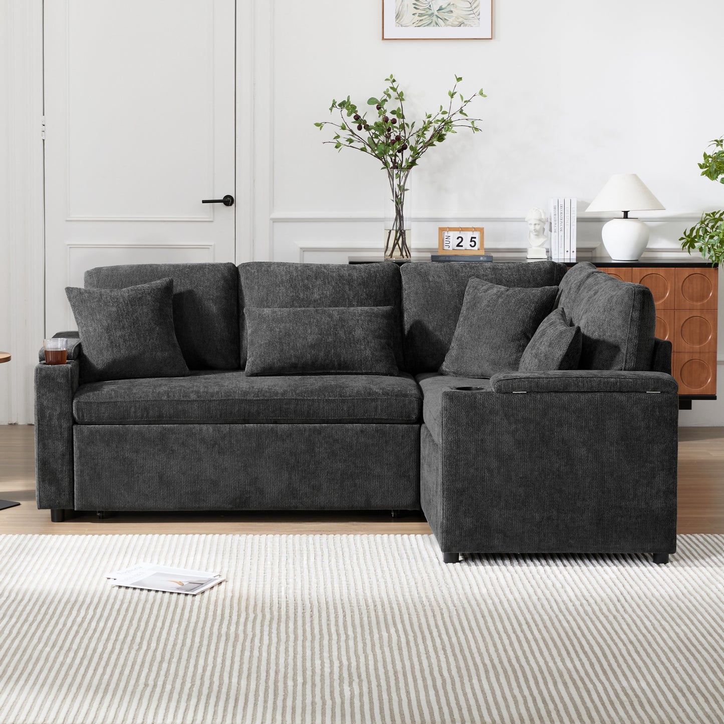 L Shaped Extendable Convertible Corner Sofa With Storage, Cup Holders, USB Charging Port, Armrest Tray And 4 Cushions, Ideal For Living Room, Guest Room And Home Cinema, Grey