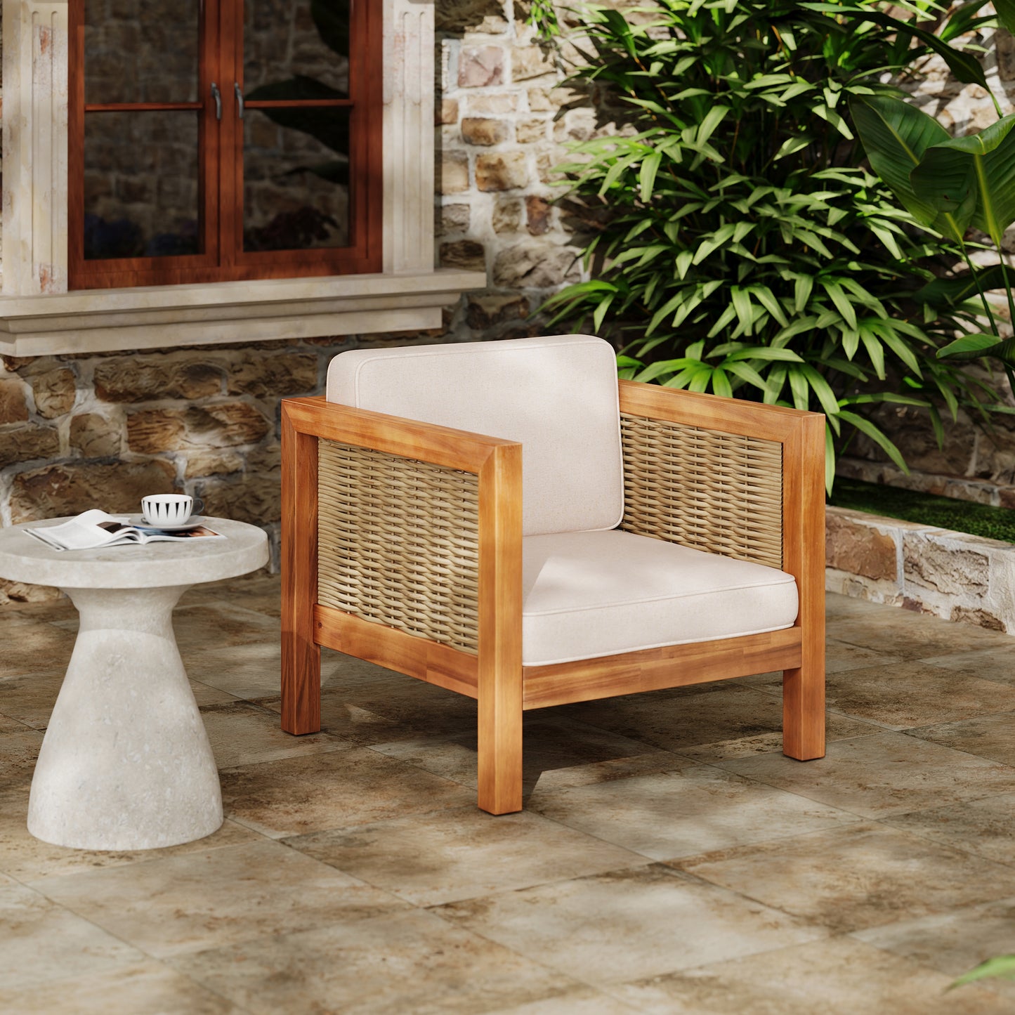 Acacia Wood Outdoor Club Chair With Wicker Armrest And Beige Cushions,400 Lbs Capacity