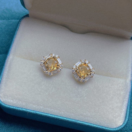 High Grade Inlaid Citrine Copper Silver Plated Stud Earrings, Fashion Light Luxury Premium Earrings For Wealth & Good Fortune