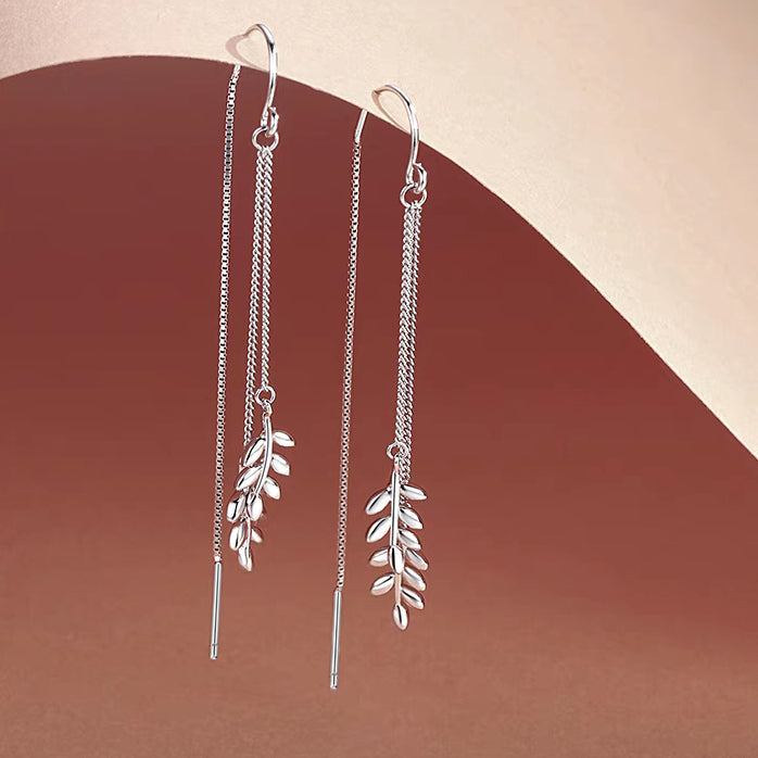 1 Pair 999 Sterling Silver 3D Wheat Ear Long Tassel Threader Earrings, Fresh & Elegant, Perfect For Daily, Dating & Gifting, Ideal Valentine's Gift