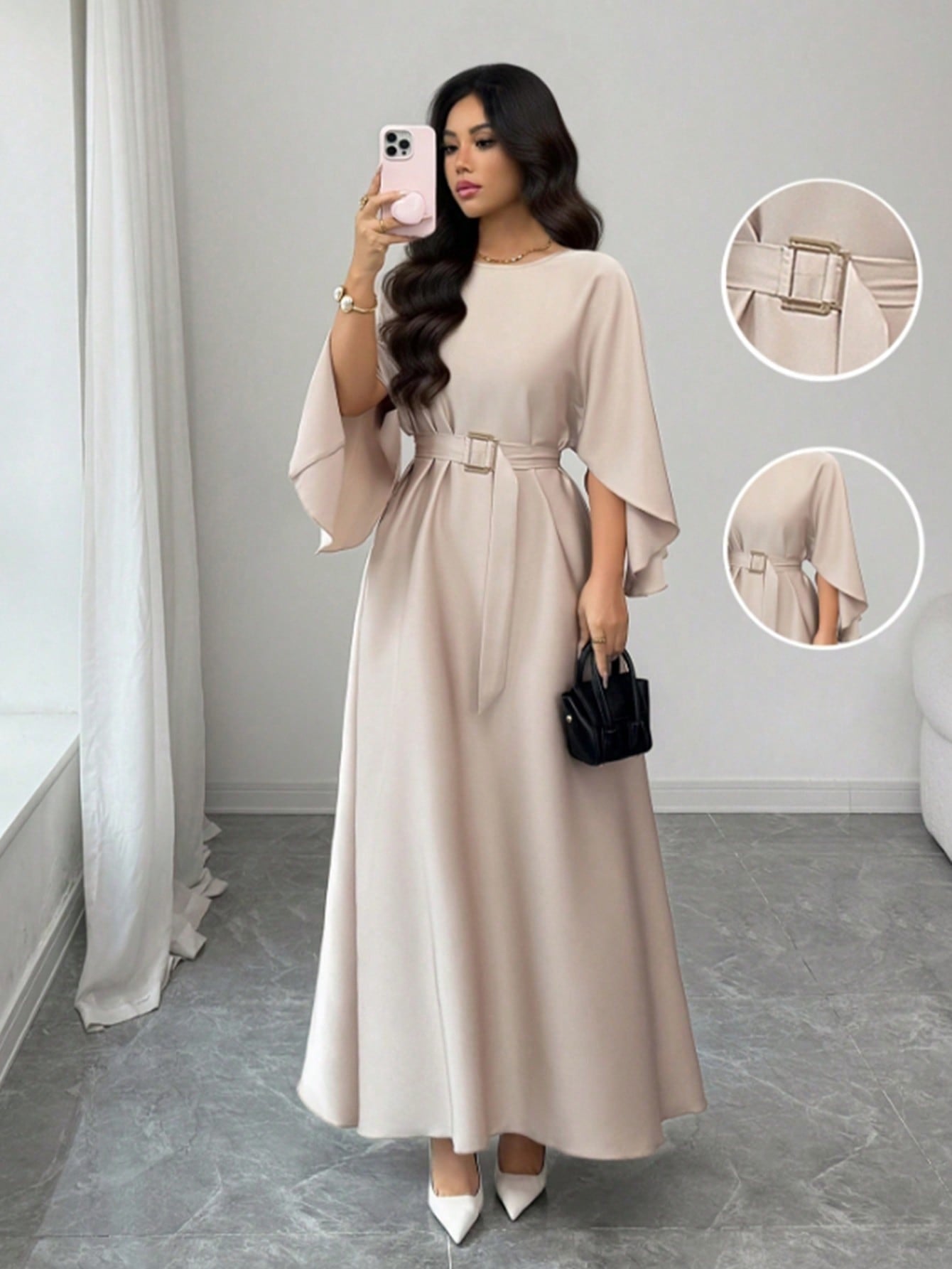 Womens Fashion Round-Neck Defined-Waistline Lace-Up Dress