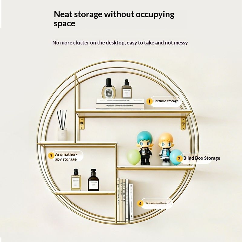 Round Wall-mounted Storage Rack Wrought Iron Metal Gold And Black