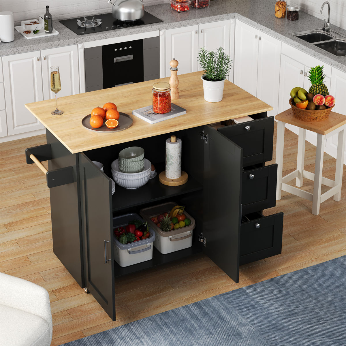 L135XW44  70XH90cm Large Mobile Kitchen Table, Oak Countertop, Folding Design, Multifunctional Cabinet, 3 Drawers, Towel Rail, Suitable For Kitchen, Dining Room, Home