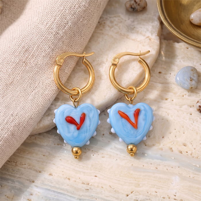 Y2K Light Blue Ceramic Heart Drop Earrings - 18K Gold Plated Stainless Steel Hoop Earrings - Cute Romantic Glazed Porcelain Jewelry Gift For Women