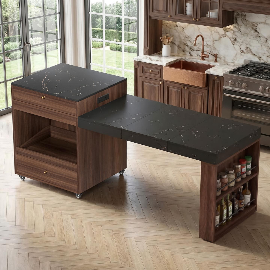 78.8inch Rolling Kitchen Island With 3-Stage Extendable Dining Table Seats 6-8,Built-in Power Outlet, Ample Storage Drawers & Cabinets,Mobile On Wheels - High-Density MDF,Easy Assembly Walnut