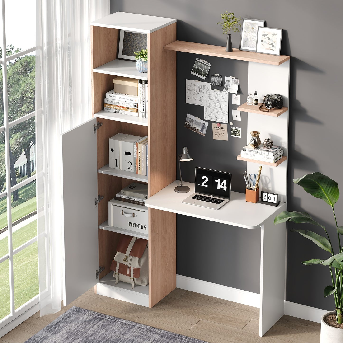 Work Table Desk With Storage   White With Rod Wood Contrast, Lower Cabinet With Doors And Upper Open Shelf, Office Design, 123.5x45x168.5 Cm