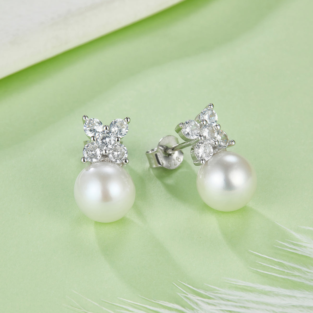 S925 Sterling Silver Natural Freshwater Pearl Necklace Earrings Set Butterfly Flower Design Platinum Plated 3.2g Gift Box