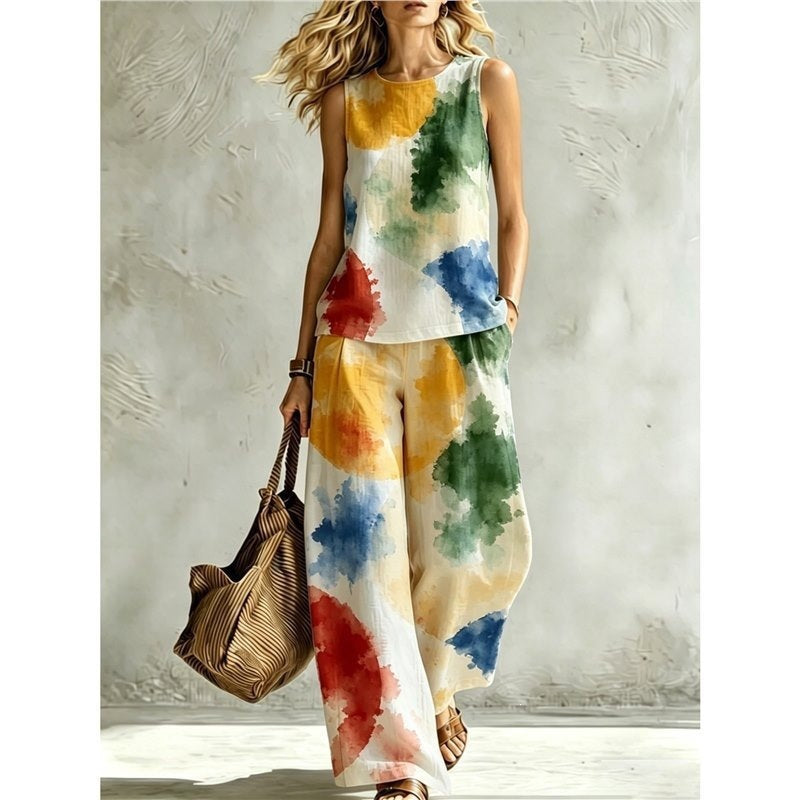 New-style Rainbow Tie-dye Sleeveless Crew-neck Top And Wide-leg Pants Womens Casual Two-piece Set