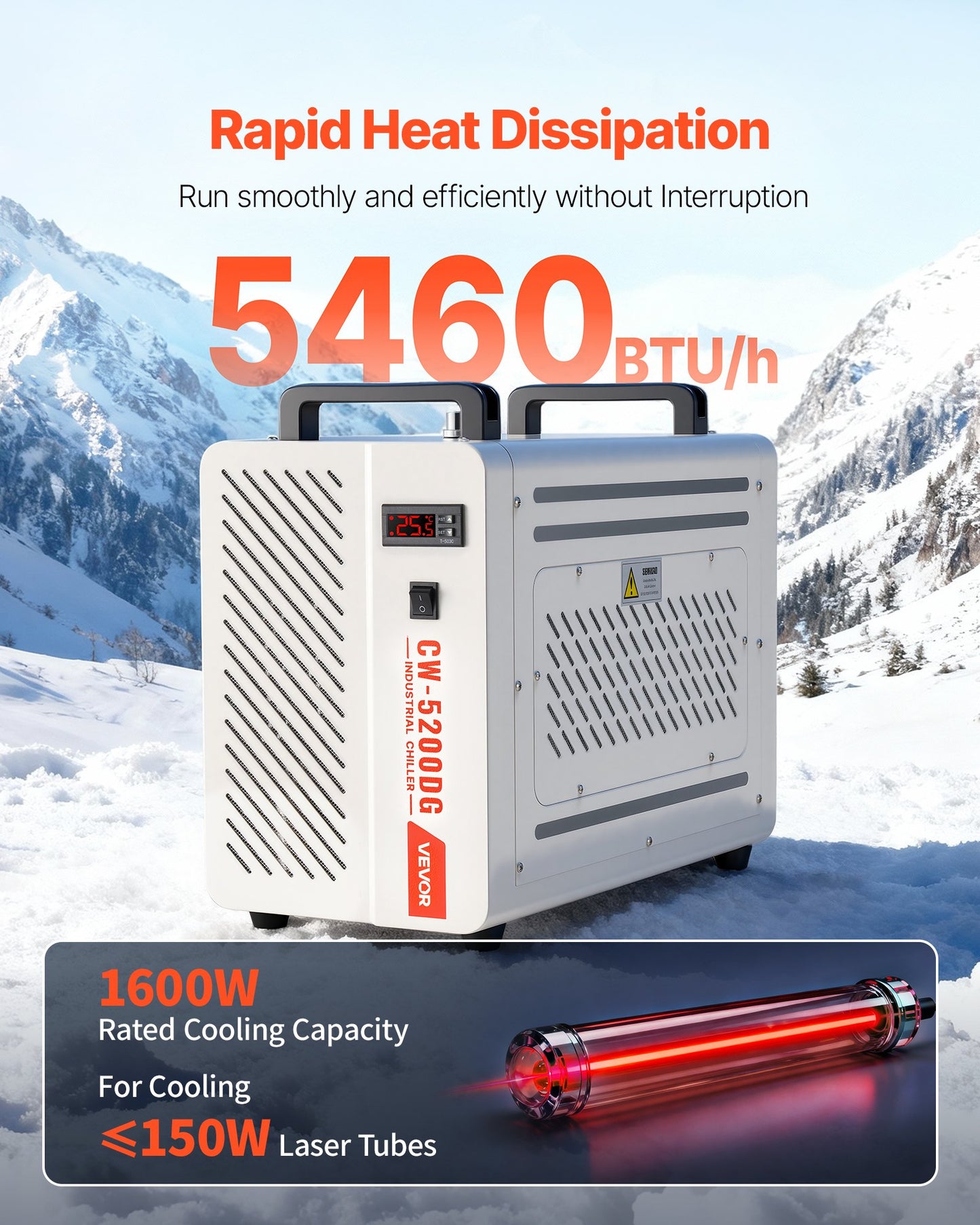 Industrial Water Chiller, 5460 BTU/h, Industrial Water Cooler Cooling System With Compressor, 1.8  Gal Tank Capacity, 3.4 GPM Max Flow, Laser Chiller, For CO2 Laser Engraving & Cutting Machine