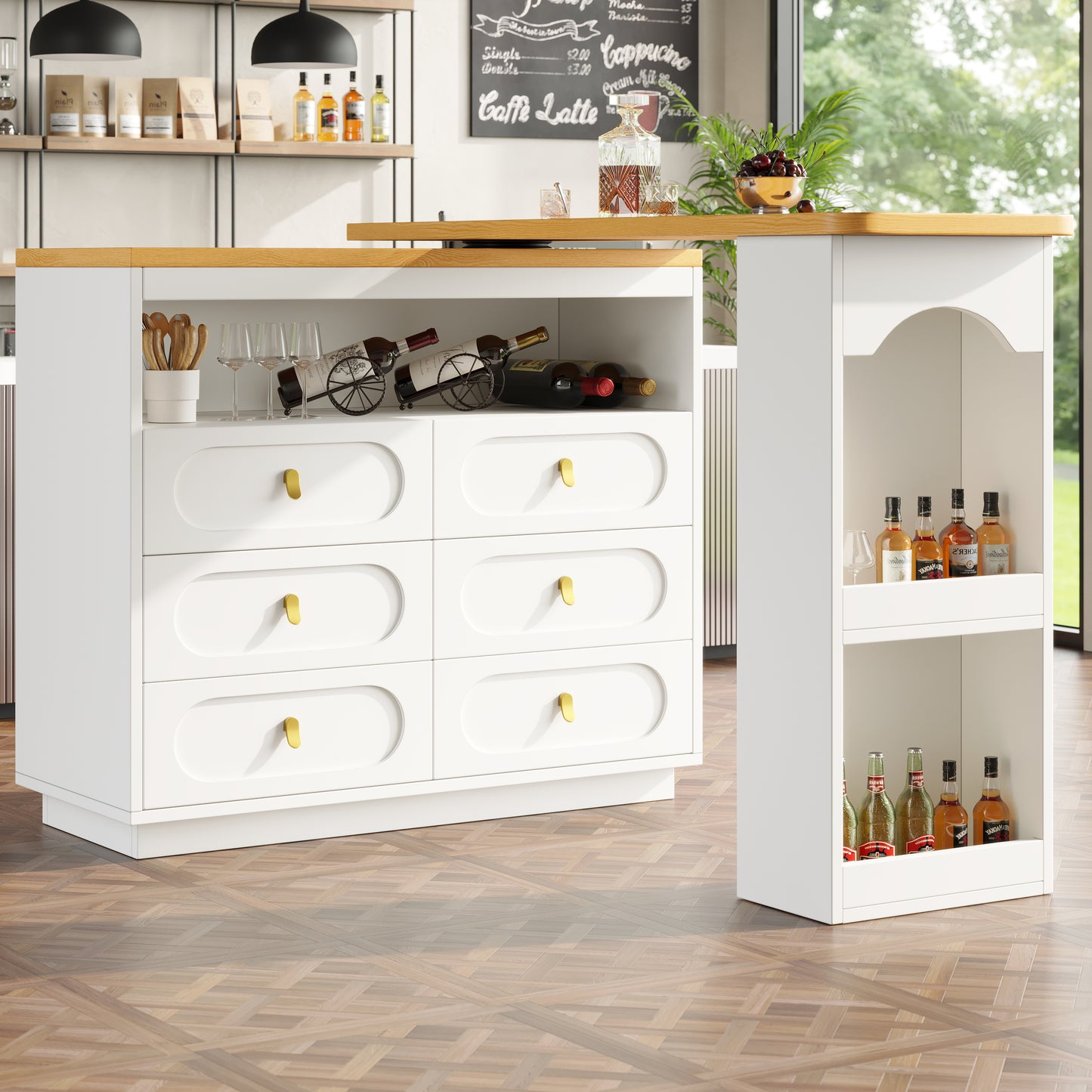 High Quality Extendable Bar Table With 360 Swivel Function And Storage Space, Length Adjustable From 138-203cm, Modern Rolling Bar Table With Drawers For Kitchen, Living Room, Dining Room, Home Offic
