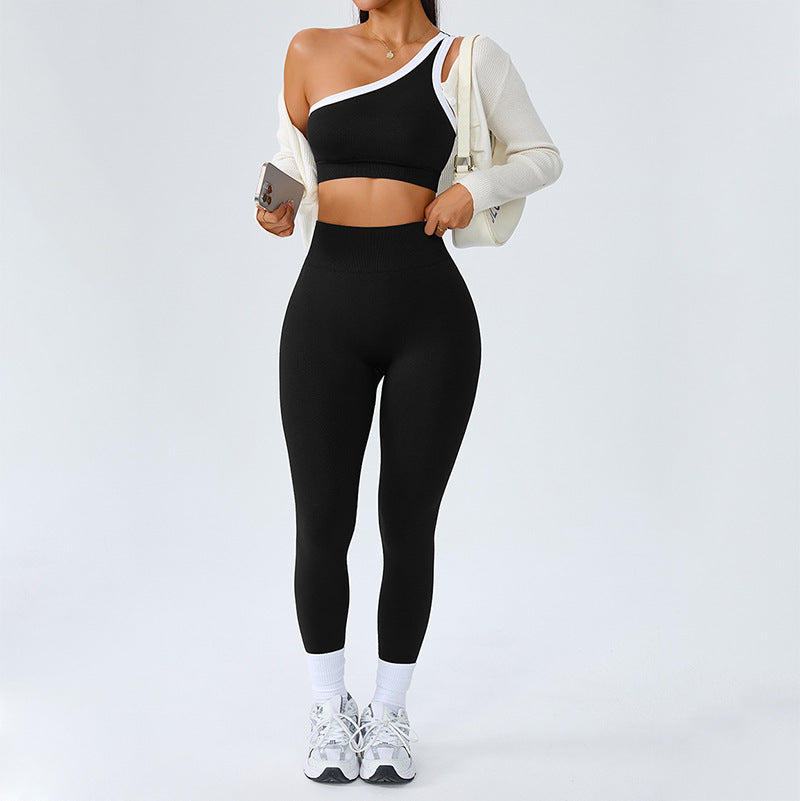 Sports One-Shoulder Beautiful-Back Bra Fitness Outdoor Tight-Fitting Set