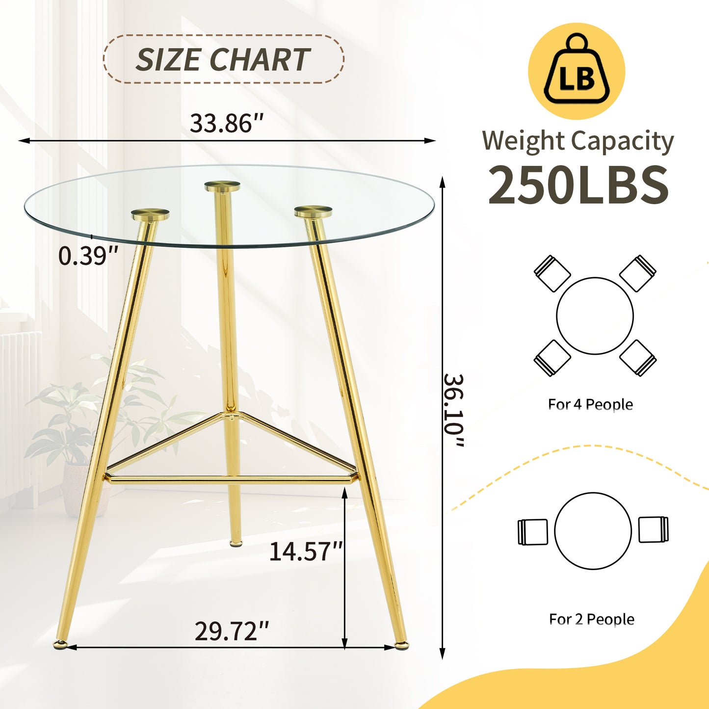 36 Inch Height Bar Table, 34 Inch Round Tempered Glass Top Pub Table With Chrome-Plated Golden Metal Legs, Modern Bistro Table For Kitchen Island Bar Cafe
