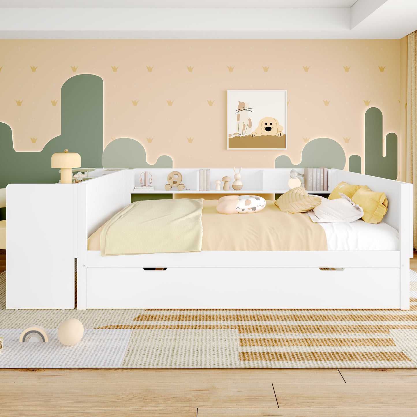 Flat Bed, Wooden Bed, 140x200cm, With Desk, With Rollaway Bed, Double Bed  Without Mattress , With Shelves, Pine Chipboard, White