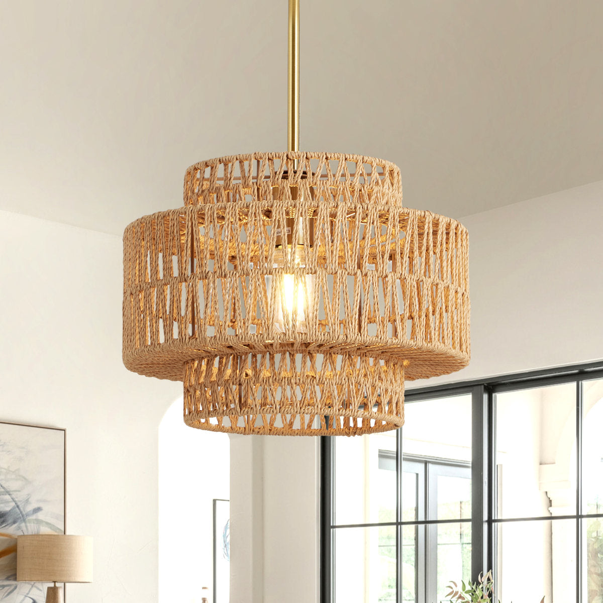 12.6 in Boho Rattan Chandelier Light Fixture,1-Light Hand Woven Pendant Light Fixture Farmhouse Rustic Hanging Lamp for Kitchen Island Bedroom, Dining Room, Living Room, Entryway, Foyer