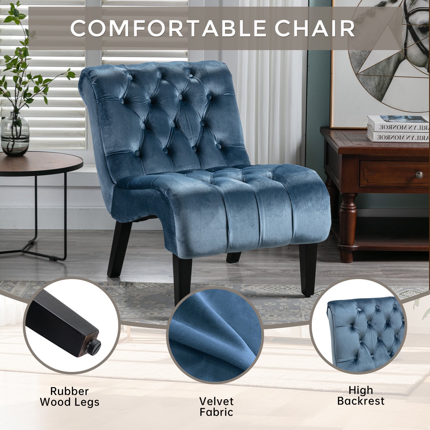 COOLMORE Modern Velvet Armless Accent Living Room Chair   Leisure Chair,Upholstered Fabric Button Comfortable Chair With Wooden Legs For Bedroom, Living Room, Office  Light Blue Velvet