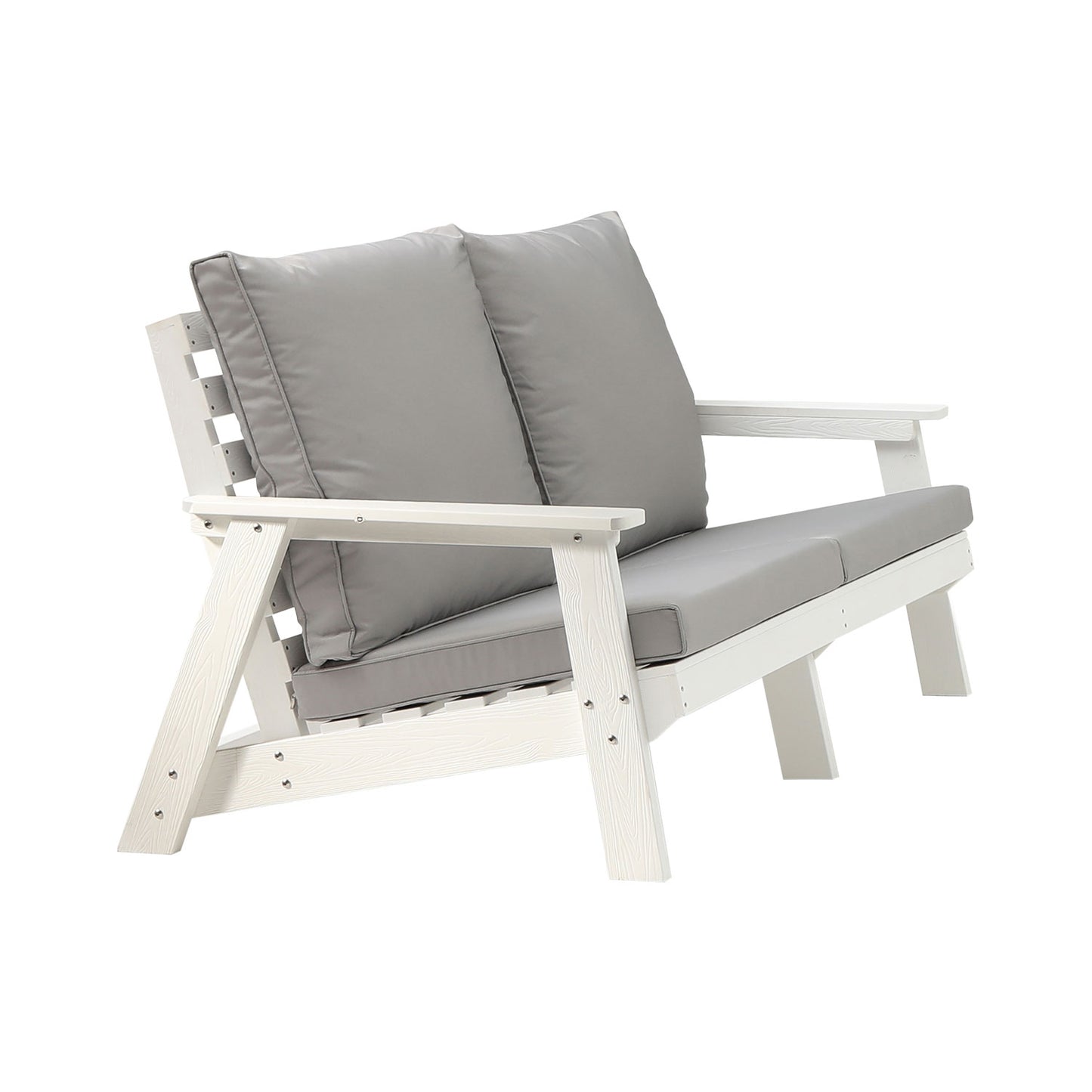 HIPS Loveseat With Cushion, Wood Grain Outdoor Garden Sofa,White Grey