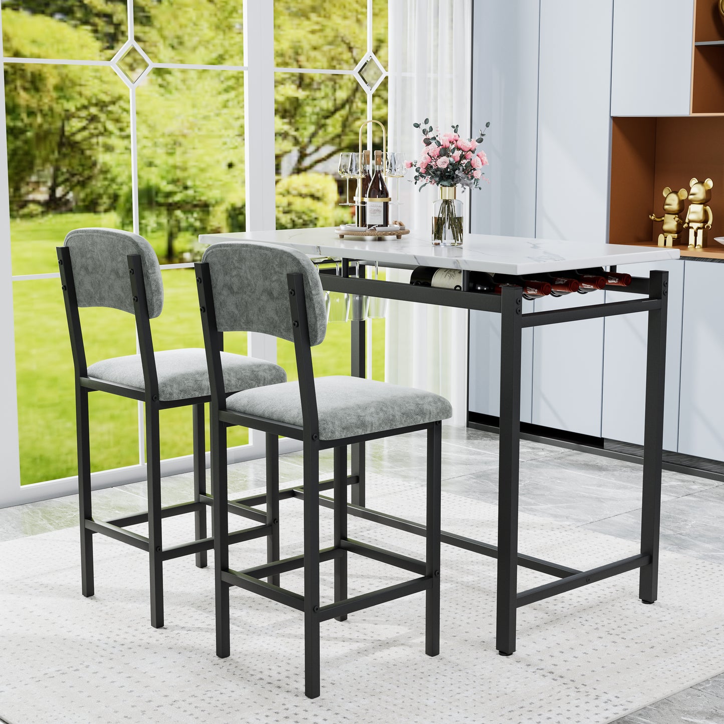 Modern Dining Table And Chairs For 2, Marble Finishes Dining Table Set With 2 Upholstered Chairs, Kitchen Table Set Bar Pub Set For Breakfast Nook, Dining Room, Rustic Black, Grey Chair