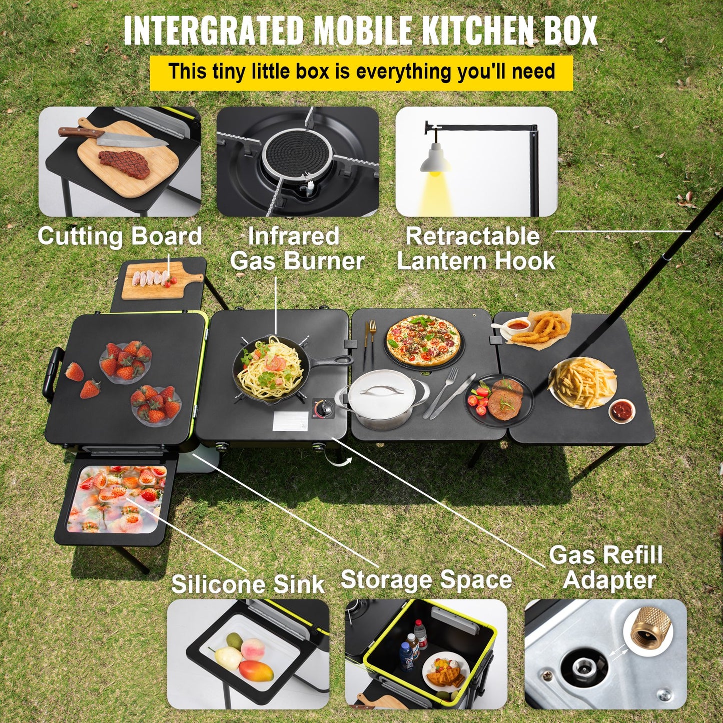 Outdoor Mobile Kitchen, Portable Multifunctional Camp Box With Wheels All In One Integrated Cooking Station With Windproof Stove, Folding Tables Storage Organizer, Black