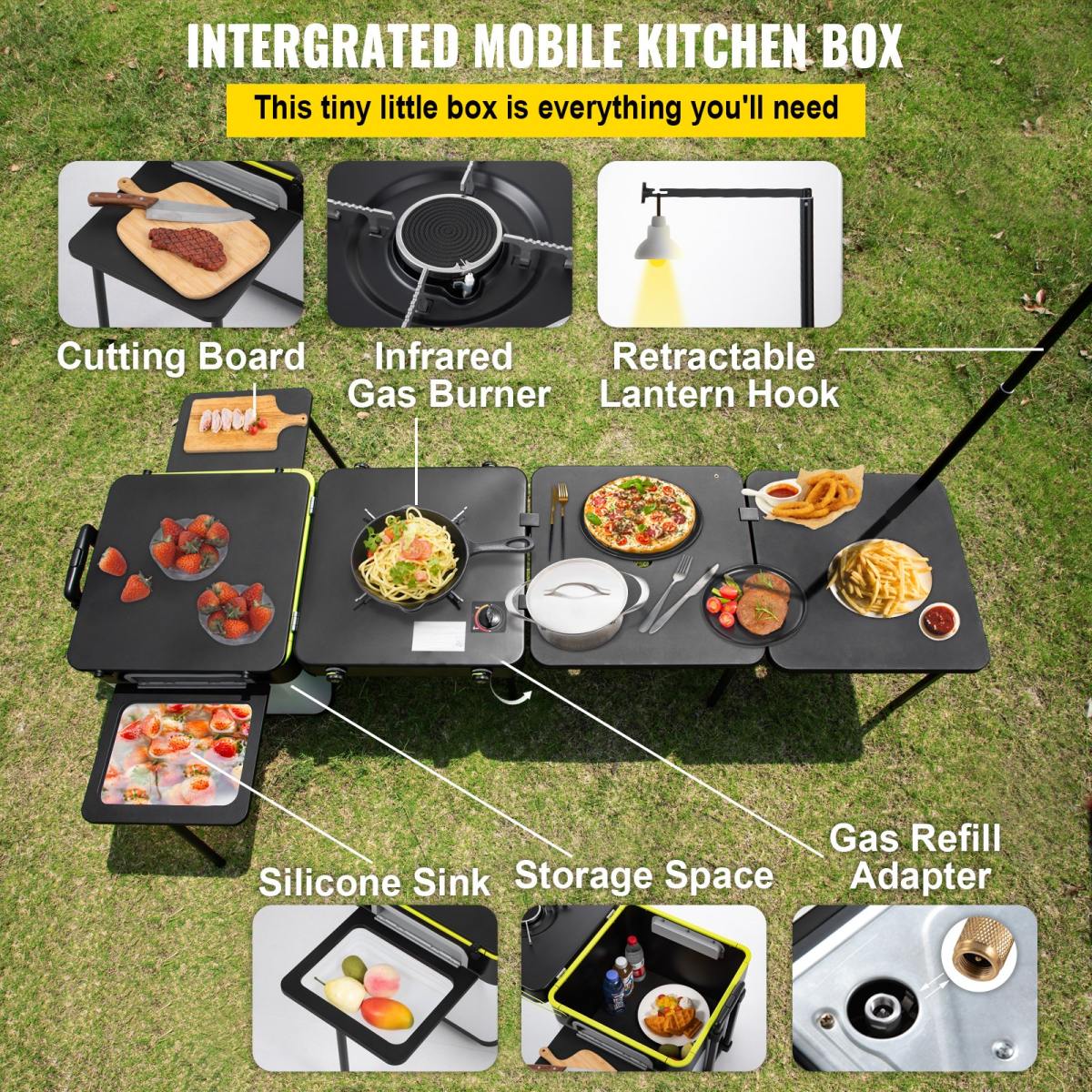 Outdoor Mobile Kitchen, Portable Multifunctional Camp Box With Wheels All In One Integrated Cooking Station With Windproof Stove, Folding Tables Storage Organizer, Black
