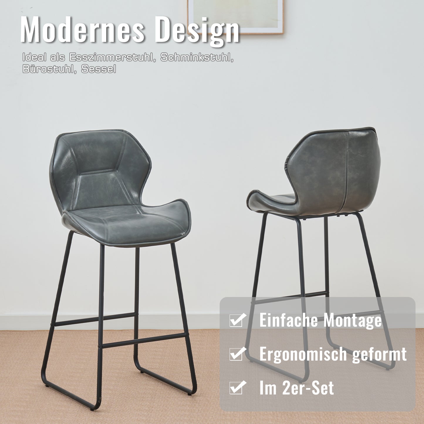 Set Of 2 Faux Leather Bar Stools, Modern Bar Stools With Backrest, Metal Frame And Footrest, For Kitchen, Counter, Home Bar And Dining Area,Grey