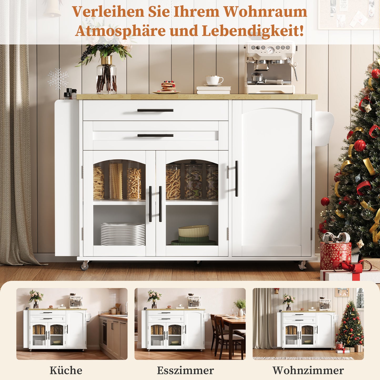 Mobile Kitchen Island With Folding Work Area, Kitchen Trolley, 5 Wheels, Multiple Storage Solutions, Spice Rack, Cutlery Drawer, 120 X 45 X 90 Cm