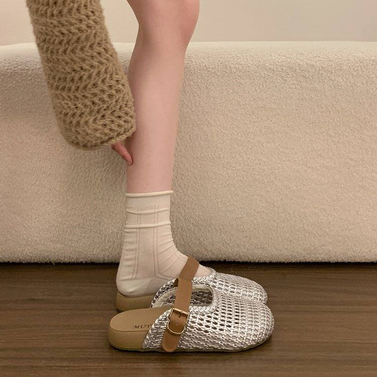 Sandals With Thick Soles, Sandals For Outdoor Wear, Mesh Woven New Style, Haken Summer Retro Toe Cap, Half Slippers For Women, Hollowed Out Design