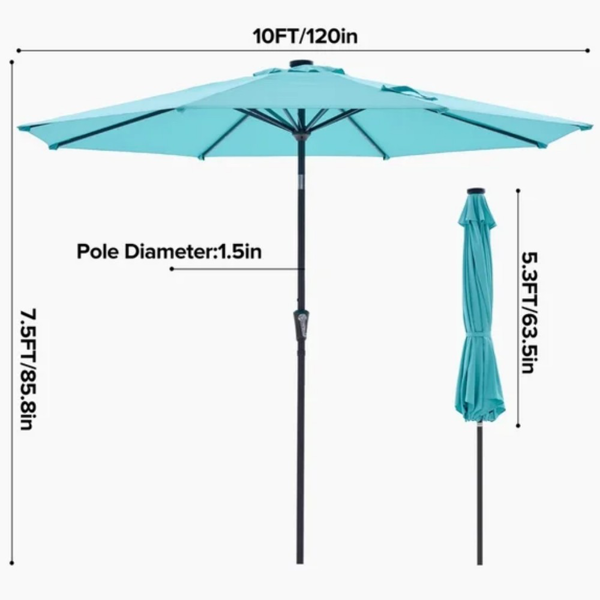 10 Ft Patio Umbrella For Table, Outdoor Sun Umbrella With 32 LED Solar Lights, Lake Blue
