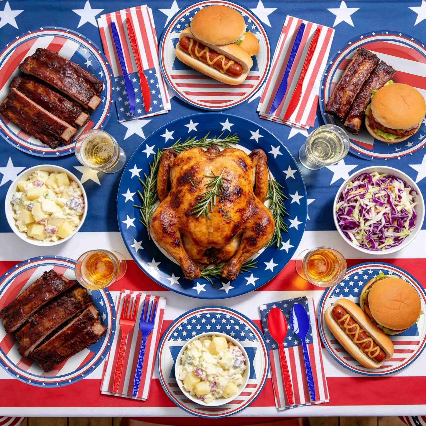 181Pcs 4th Of July 250th Anniversary Party Supplies Set Independence Day Red White Blue Disposable Tableware With Plates Cups Cutlery Napkins Banner Tablecloth Serves 24 For Memorial Day National Hol