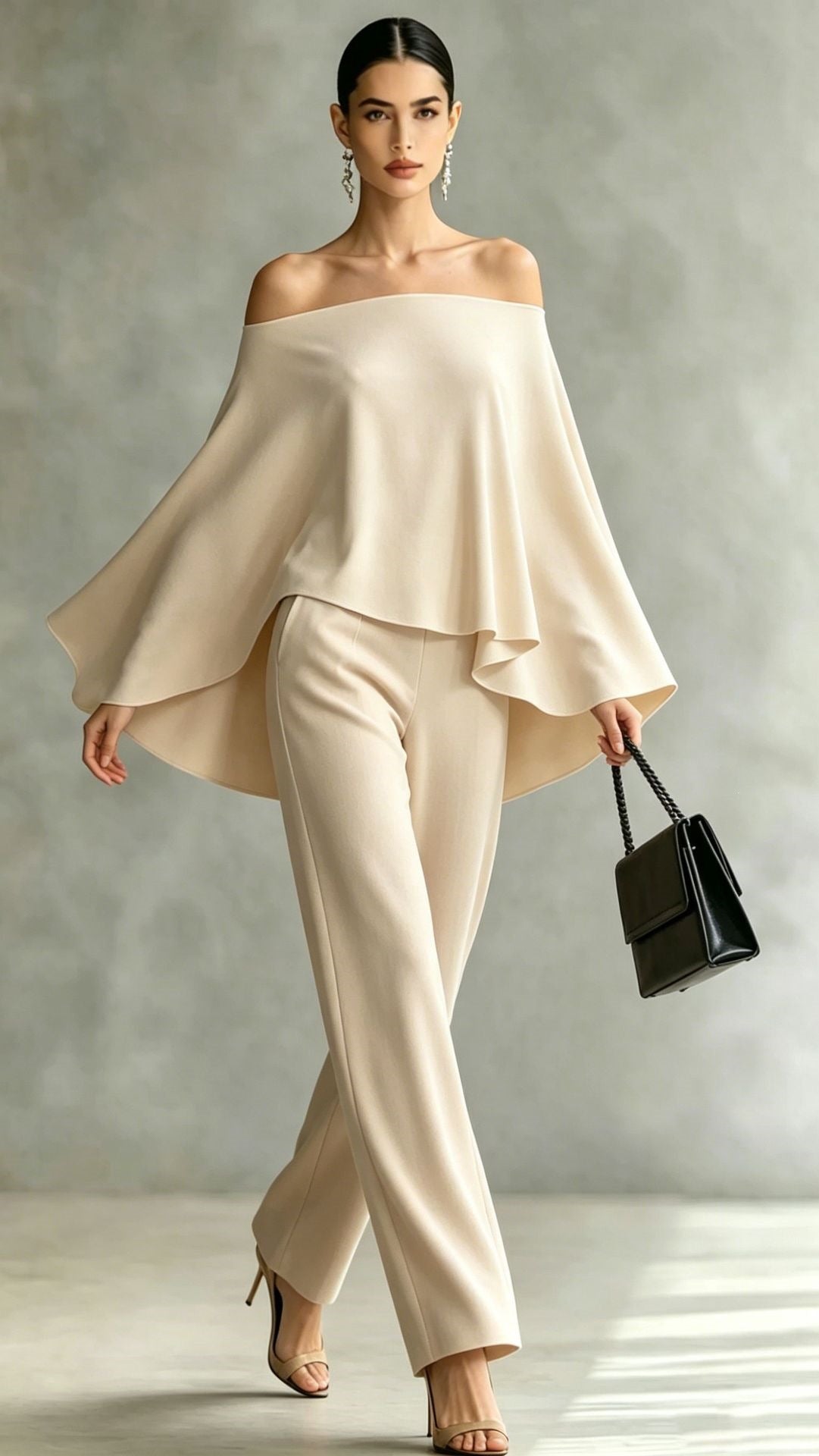 Autumn Fashion Off-Shoulder Wide-Leg Pants Set Womens Solid-Color Asymmetric Two-Piece Set