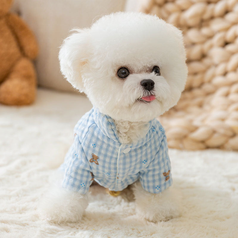 Cute Korean Cartoon Checkerboard Pattern Bear Full-printed Four-legged Cotton Coat For Dogs In Autumn And Winter, Teddy Pet Clothes For Cats