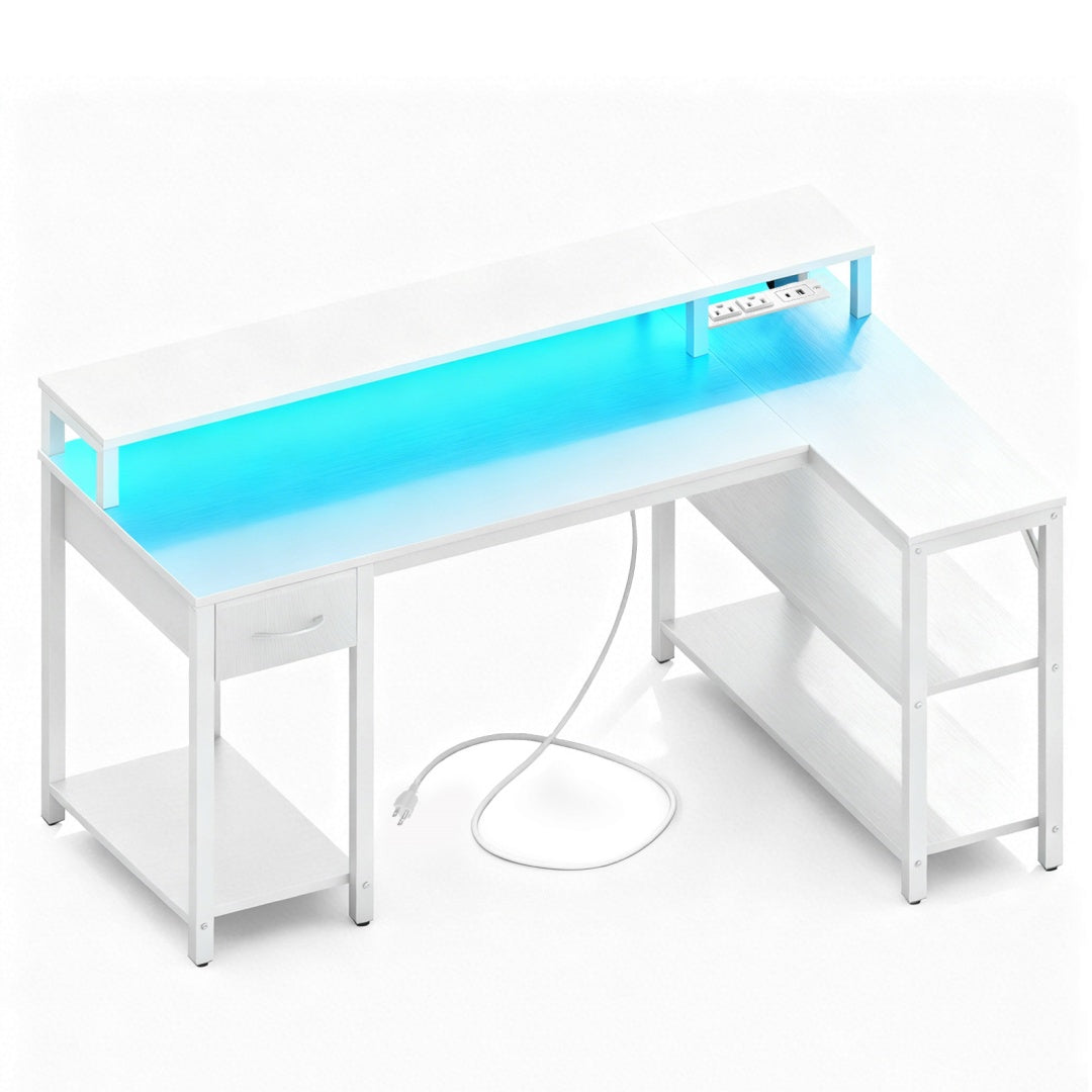 53-inch Gaming Table With USB Charging Port And LED Light, Reversible L-shaped Table With Power Socket And Monitor Stand