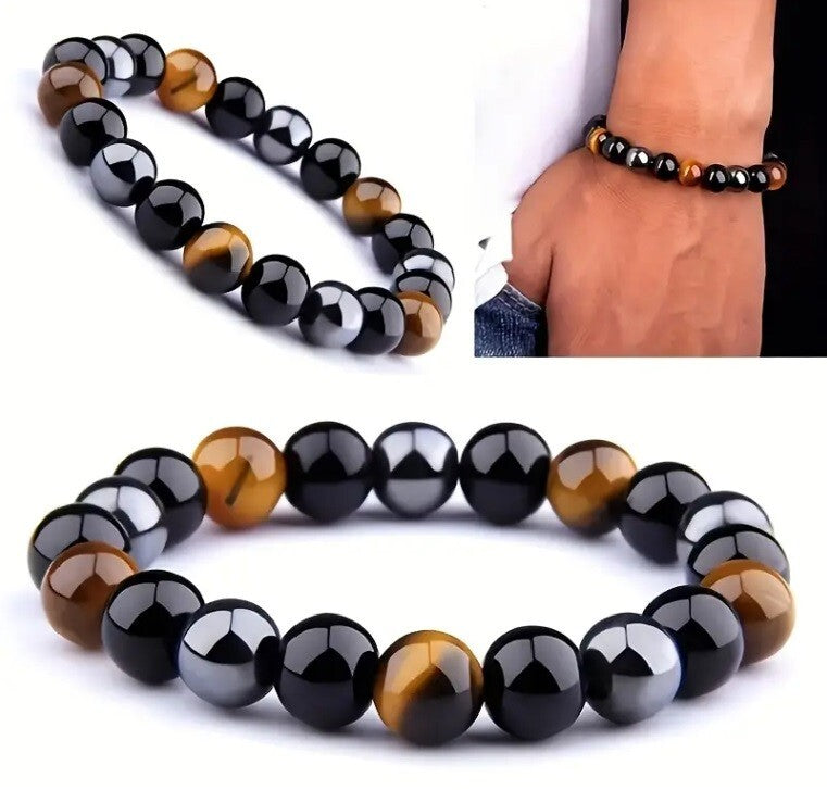 Triple Protection Bracelet, 2 Pieces Black Obsidian Tiger's Eye Stone Hematite Bracelet, Natural Tiger's Eye Bracelet Good Luck Bracelet Gift For Him Friend Husband Father