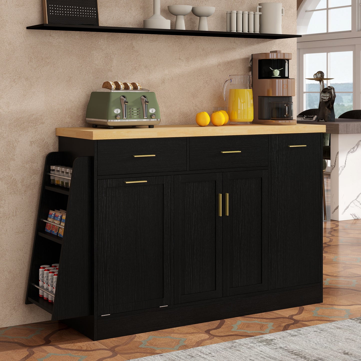 TREXM Multi-Functional Storage Sideboard  Trash Can Storage  Sliding Door Cabinet & 3-Tier Spice Rack Kitchen Island Table For Kitchen  Dining Room  Black