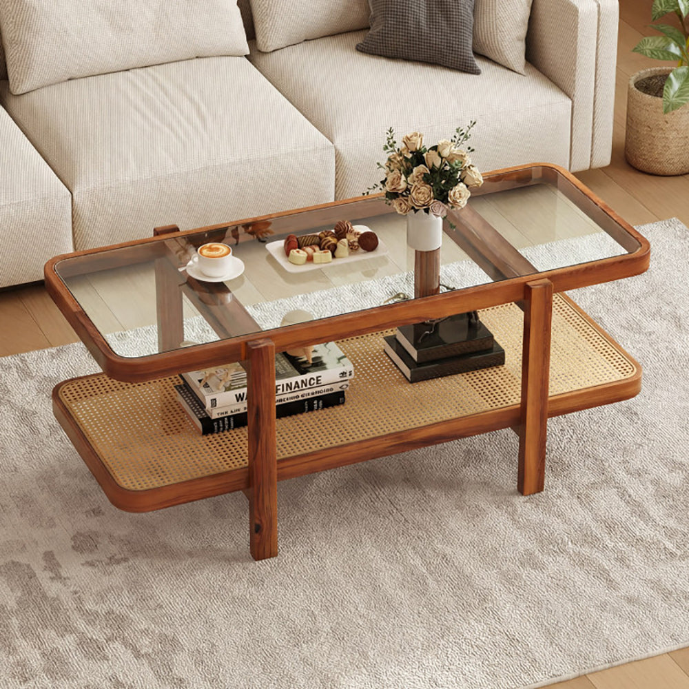2-Tier Coffee Table With Storage And Tempered Glass Tabletop PE Rattan Anti-fading, Tear-proof For Office, Waiting Room, Or Reception Room