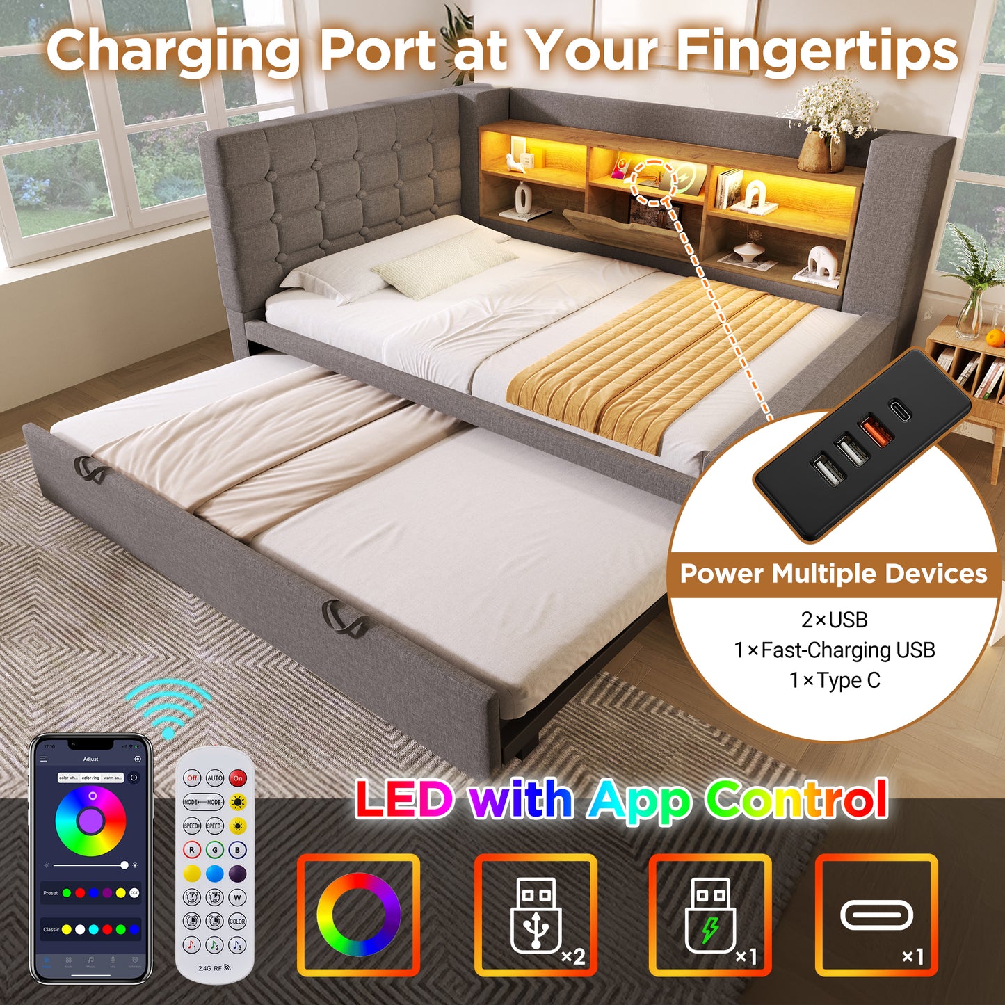 Daybed Upholstered Bed 90 X 190 Cm, 3FT Single Sofa Bed With Storage, USB &Type-C Charging Station, Pull Out Trundle For Living Room And Bedroom, Linen, Grey  No Mattress