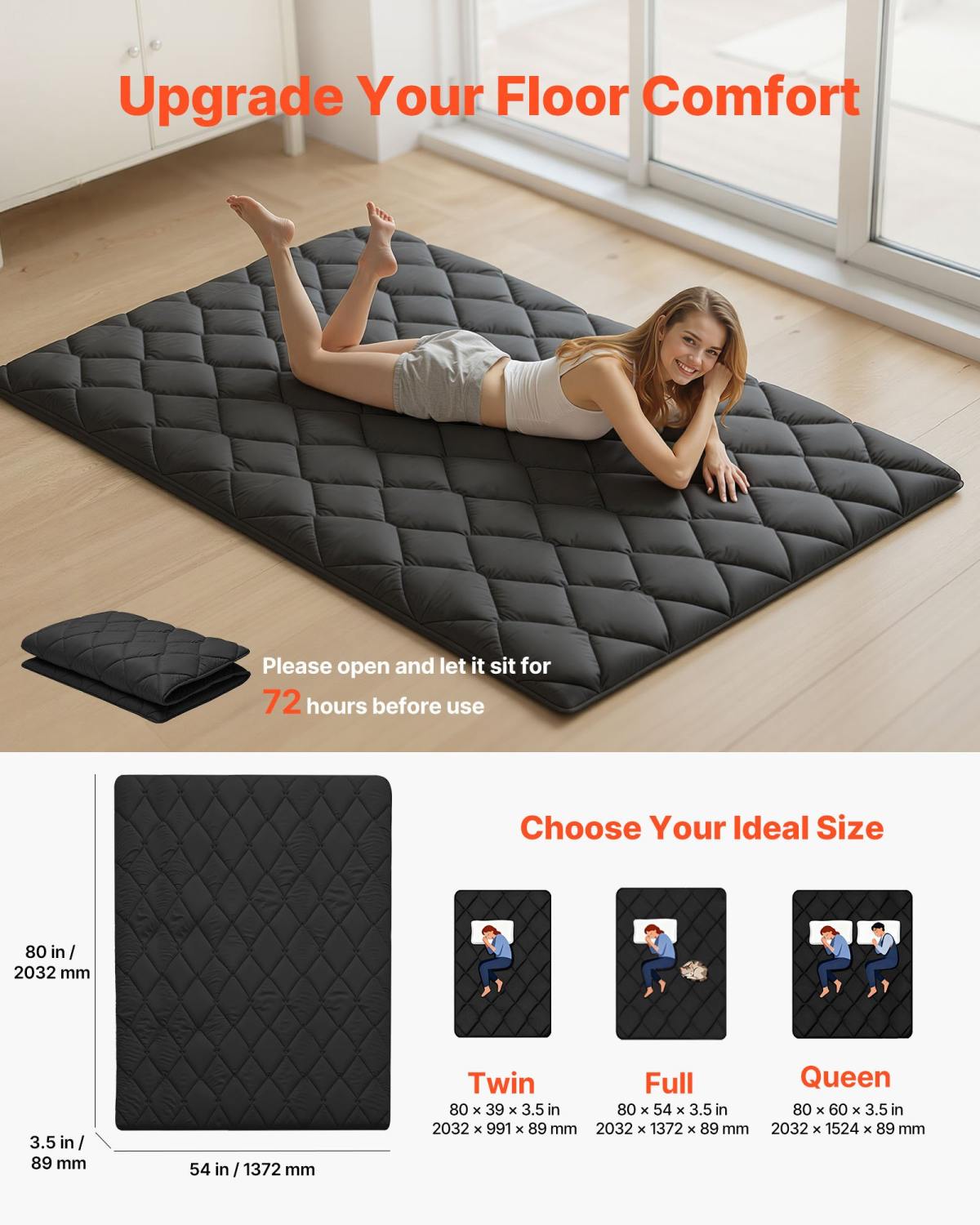 Japanese Tatami Mat, Full Size Foldable Japanese Tatami Mattress, Futon Mattress With Storage Bag & Fastener, 9-Layer Floor Mat For Sleeping, Dormitory, Meditation, Yoga, 80 X 54 X 3.5 In, Black