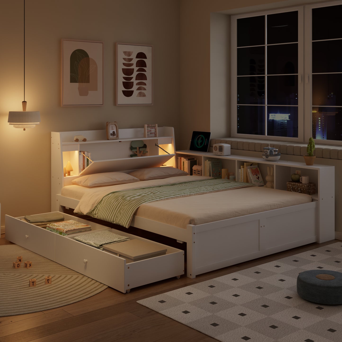 Double Bed, Panel Bed, Headboard With Storage Compartment  2 Lights, With Charging Socket, Side Storage Cupboards And Drawers, Pine Chipboard MDF, White, 140x200cm