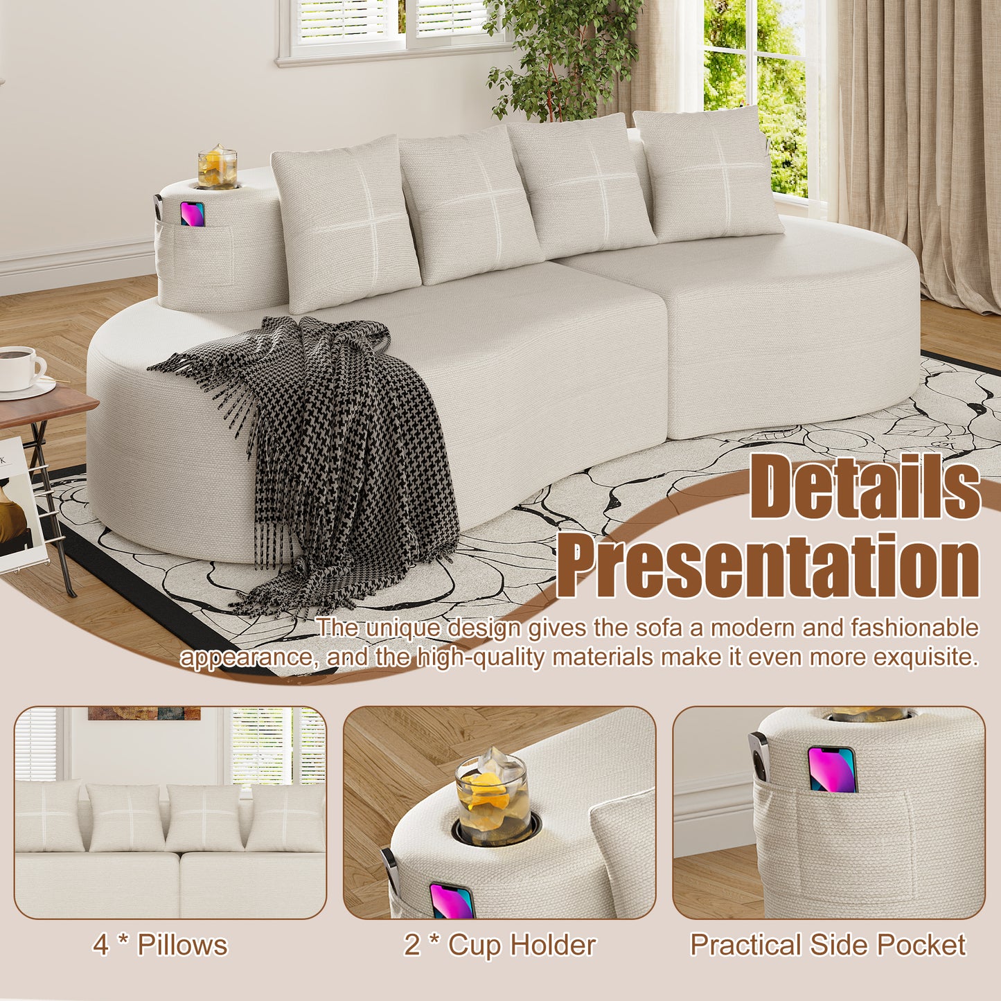Modern Curved Sectional 3 Seat Minimalist Elegant Half Moon Sofa Compressed Modular Sectional Sofa For Living Room, Office, Apartment