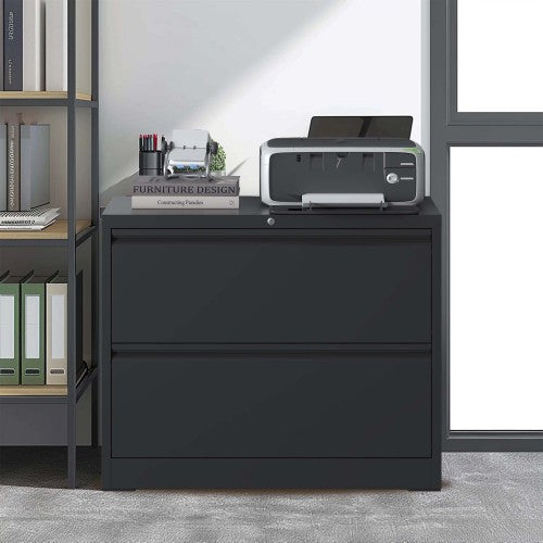 Lateral File Cabinet 2 Drawer, Black Filing Cabinet With Lock, Lockable File Cabinet For Home Office, Locking Metal File Cabinet For Legal Letter A4 F4 Size