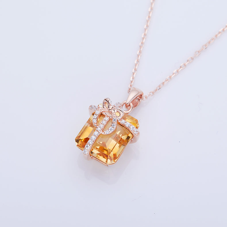 S925 Sterling Silver Gift Box Necklace, 12x10mm Natural Citrine Pendant, Platinum Plated Bowknot Design, 4g Women's Fine Jewelry With Gift Box