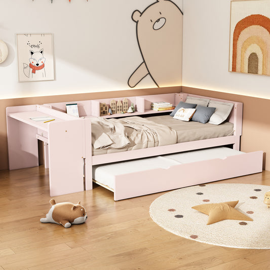 90x200cm, Flat Bed, With Pull-out Bed, With Desk, Three Shelves On The Side Of The Bed, P Ink