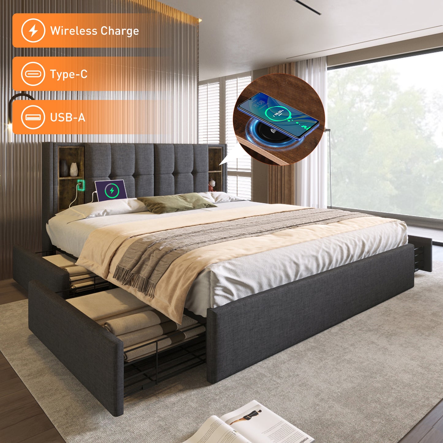 Double Bed With Wireless Charging USB C& 4 Drawers, Upholstered Bed Bed Frame 160x200cm, Slatted Base Made Of Wood-grey Linen  Without Mattress