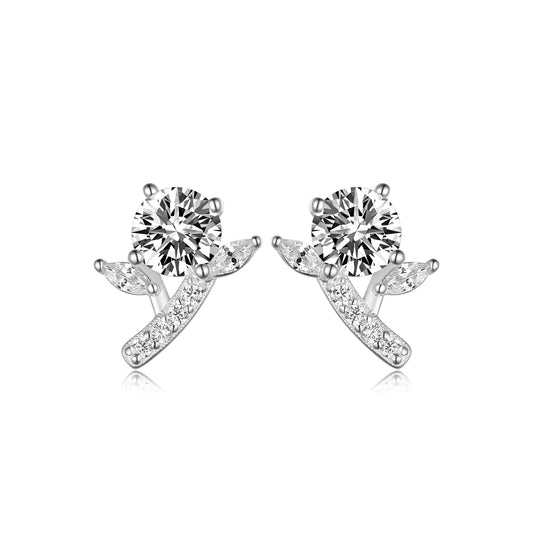 S925 Sterling Silver Flower Branch Stud Earrings, 5mm D-VVS1 Moissanite Leaf Design, Platinum Plated 2g Women's Jewelry Gift Box