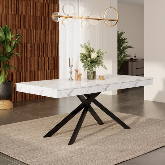 Extendable Dining Table, 140 180x80 Cm, Suitable For 6-8 People, Right Shape, Thickened Table Top, Metal Legs, Simple Style, Table For Dining Room, Kitchen, Living Room, White