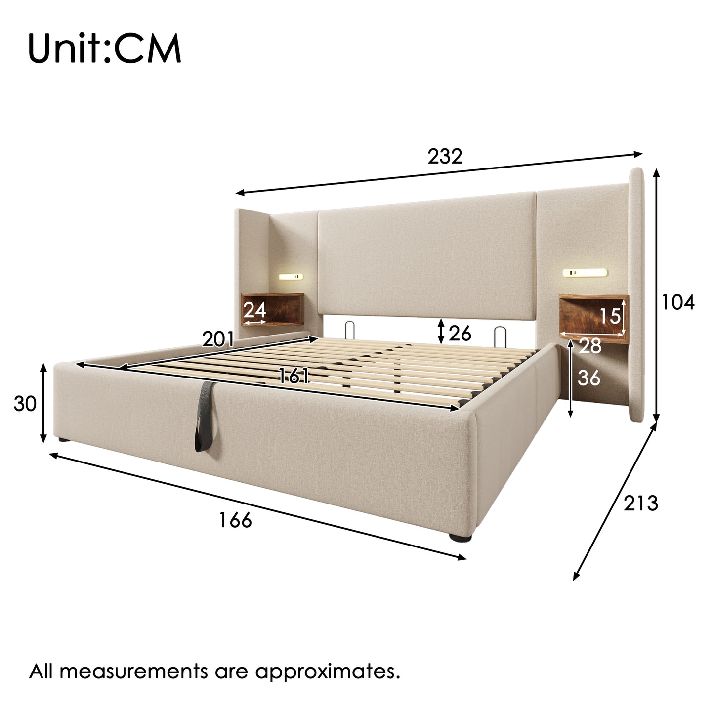 Upholstered Bed Double Bed 160x200 With Bedside Table, Reading Lamp And USB Type-C Charging Function, Bed System Storage Bed Frame With Slatted Frame Made Of Solid Wood And Metal, Beige, Linen Without